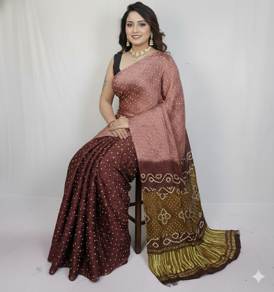 Rani – Pure Modal Silk Double Color Bandhini Saree with Tissue Pallu - Thugil