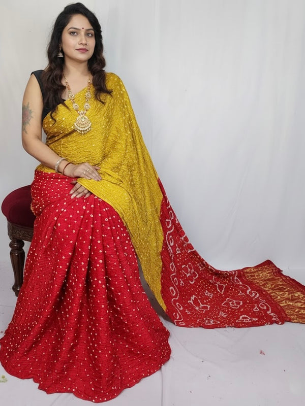 Renu – Pure Modal Silk Dual-Tone Bandhani Saree with Tissue Pallu - Thugil