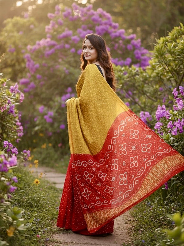 Renu – Pure Modal Silk Dual-Tone Bandhani Saree with Tissue Pallu - Thugil