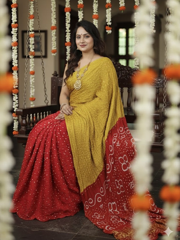 Renu – Pure Modal Silk Dual-Tone Bandhani Saree with Tissue Pallu - Thugil