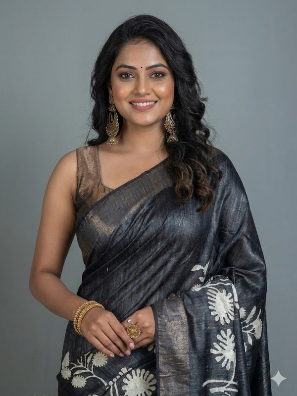 Maragadha-Pure Tussar Ghicha Silk Saree(Silkmark certified)