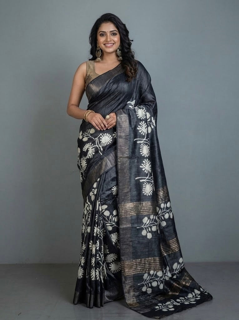 Maragadha-Pure Tussar Ghicha Silk Saree(Silkmark certified)