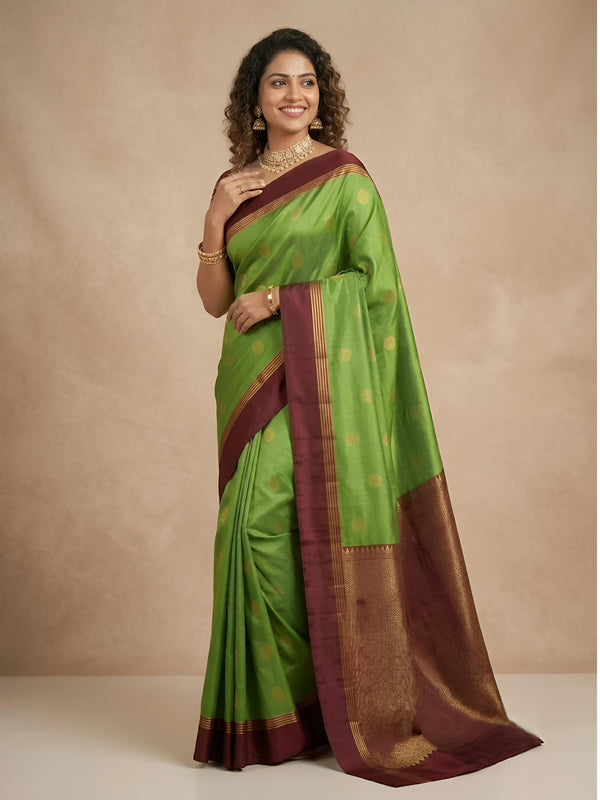 A woman modeling a green silk saree with a deep maroon border and gold zari motifs, standing against a neutral beige studio backdrop.