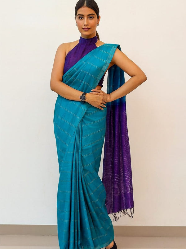 Tamira – Semi Tussar Silk Saree in Turquoise with Purple Pallu - Thugil