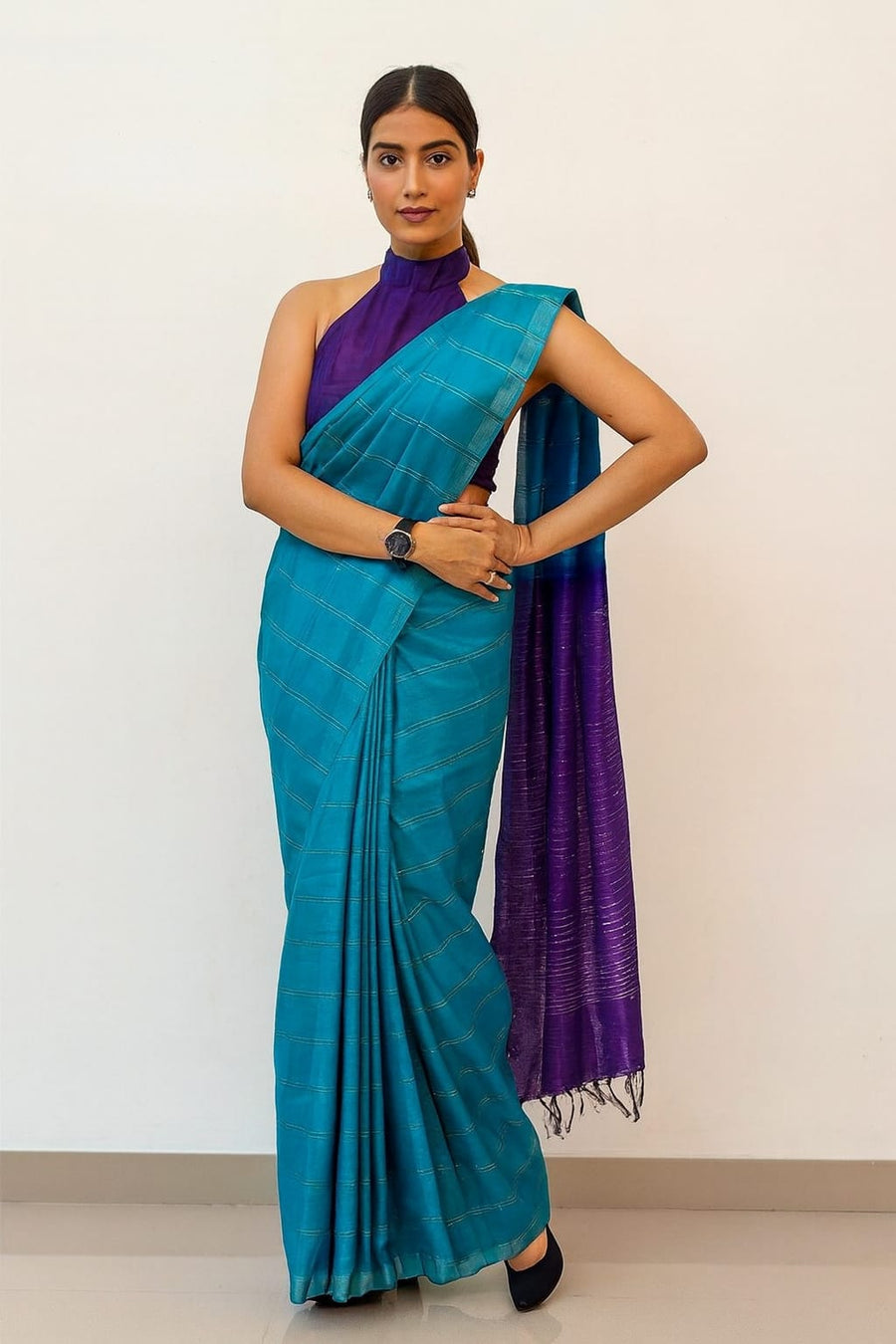 Tamira – Semi Tussar Silk Saree in Turquoise with Purple Pallu - Thugil