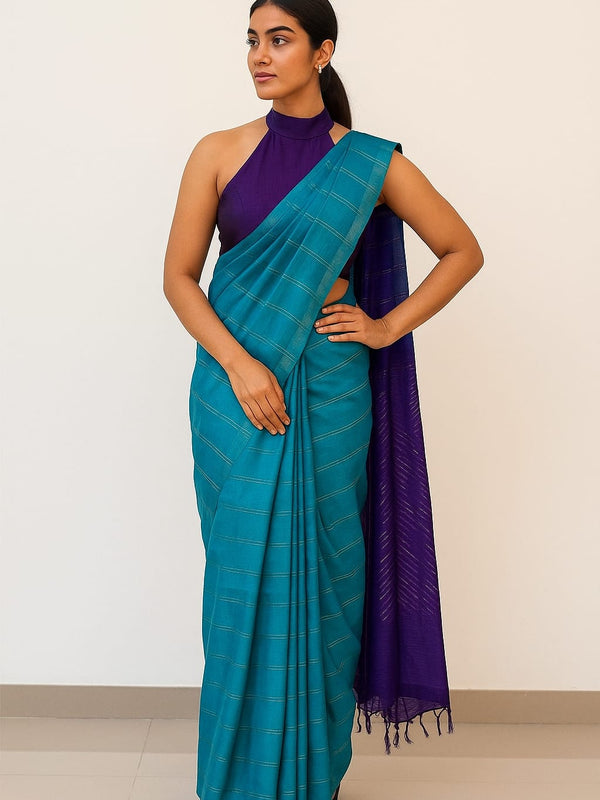 Tamira – Semi Tussar Silk Saree in Turquoise with Purple Pallu - Thugil