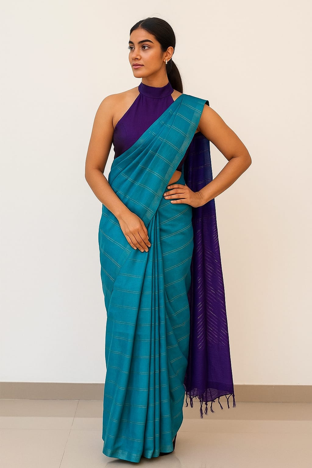 Tamira – Semi Tussar Silk Saree in Turquoise with Purple Pallu - Thugil
