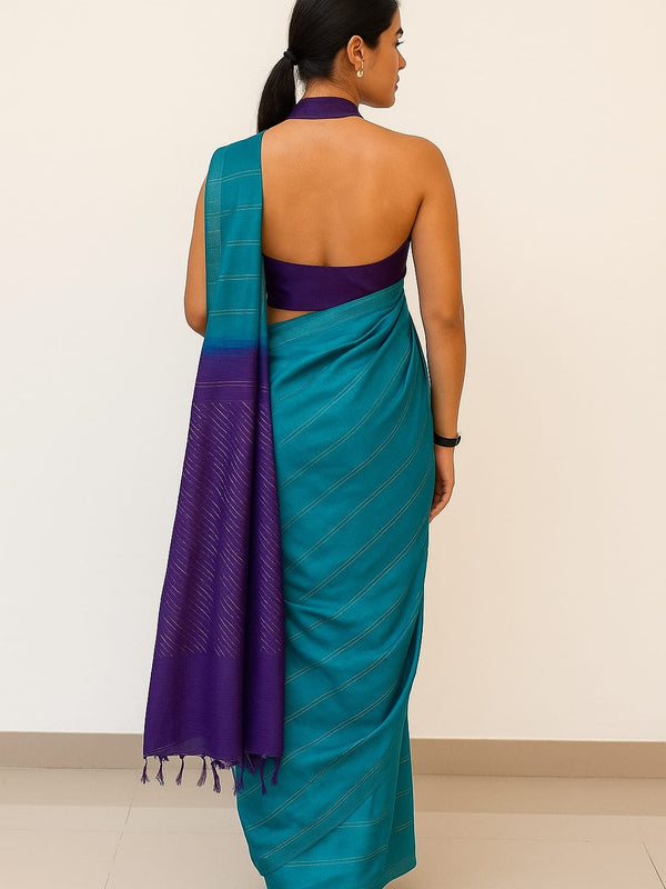 Tamira – Semi Tussar Silk Saree in Turquoise with Purple Pallu - Thugil