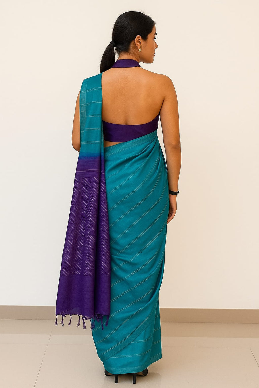 Tamira – Semi Tussar Silk Saree in Turquoise with Purple Pallu - Thugil